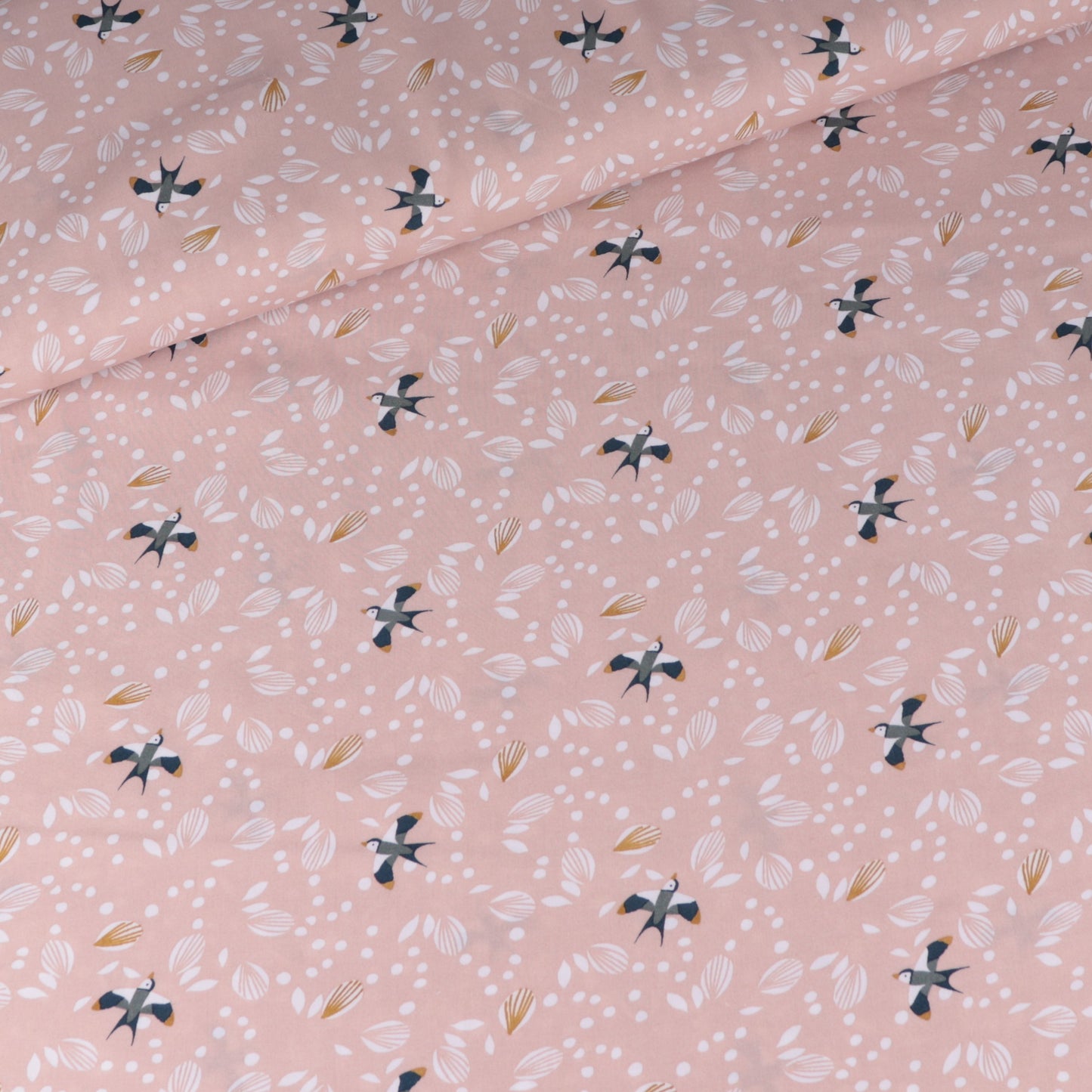 Light pink fluid viscose with flying birds pattern