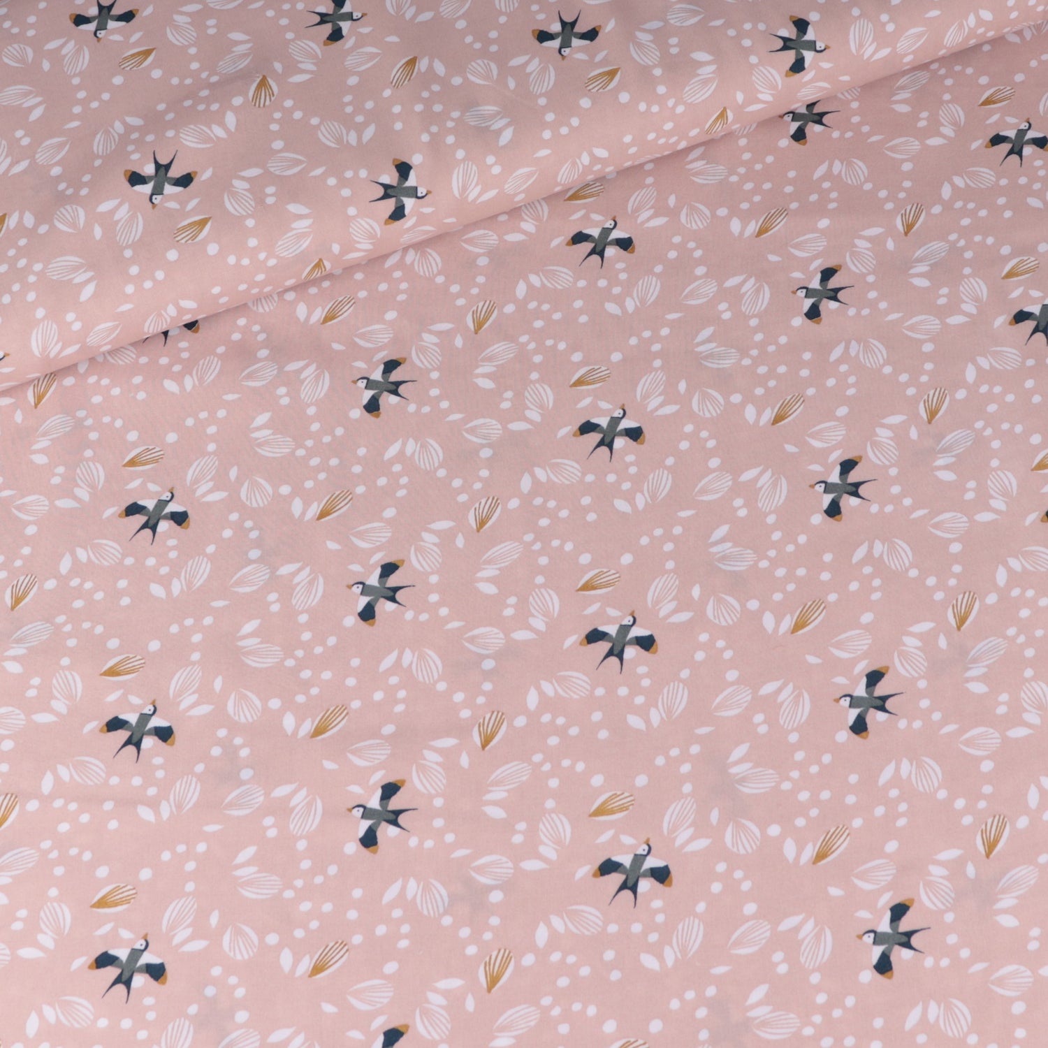 Light pink fluid viscose with flying birds pattern