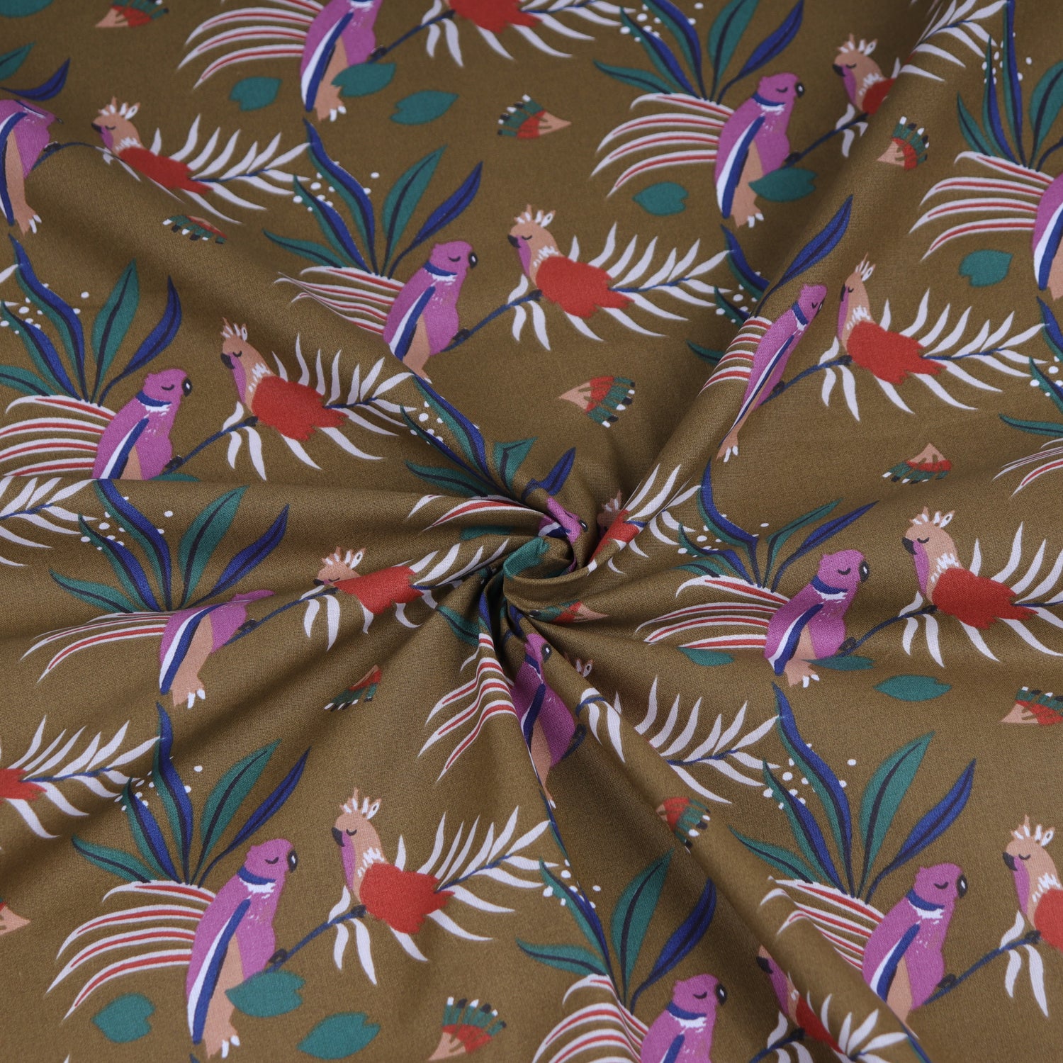 Printed bronze cotton fabric with colorful birds